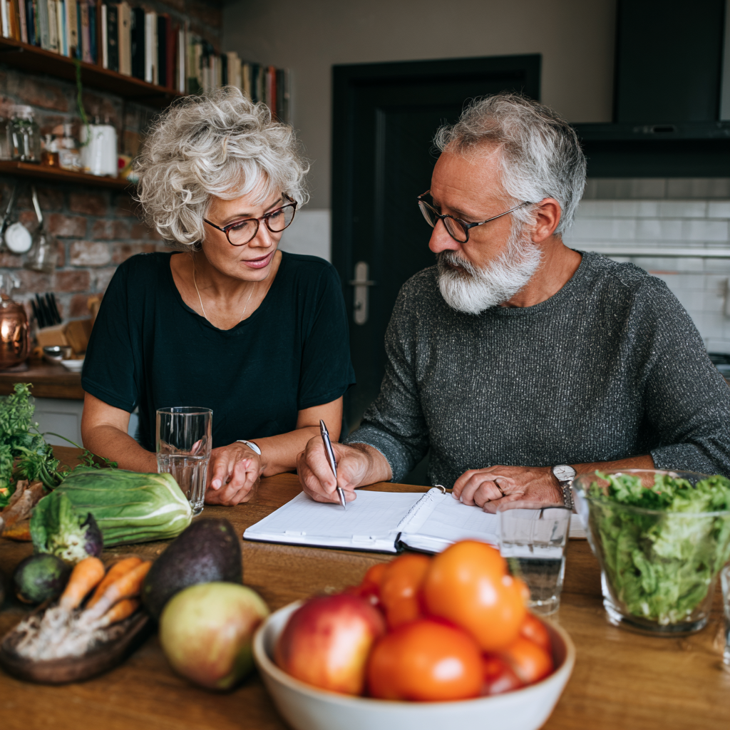 nutritionist consulting with middle aged adult about balanced meal planning