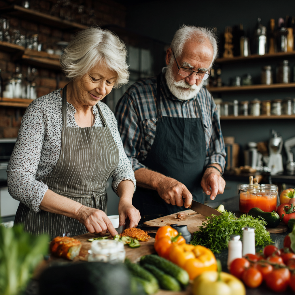 senior adults preparing healthy balanced meal together in kitchen